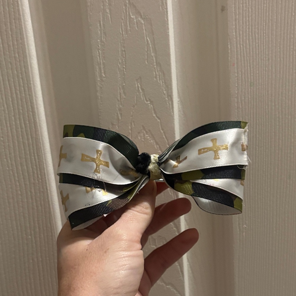 Camouflage and Gold Cross Kids Hair Bow